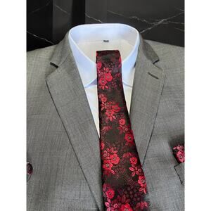 Men’s 3 Piece Tie Set Black Red Floral Tie Pocket Square Cufflinks 57.5"x3.25"